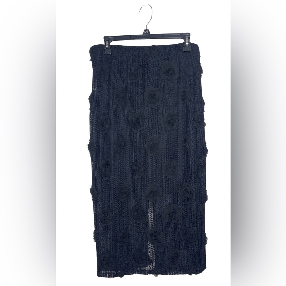 Bailey 44 Black 3D Rose Textured Midi Pencil Skirt Floral Appliqué Evening Med